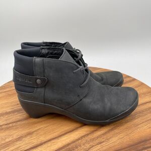 Merrell Veranda Boots Womens Size 8 Black Leather Bootie Shoes Grip Lace Up
